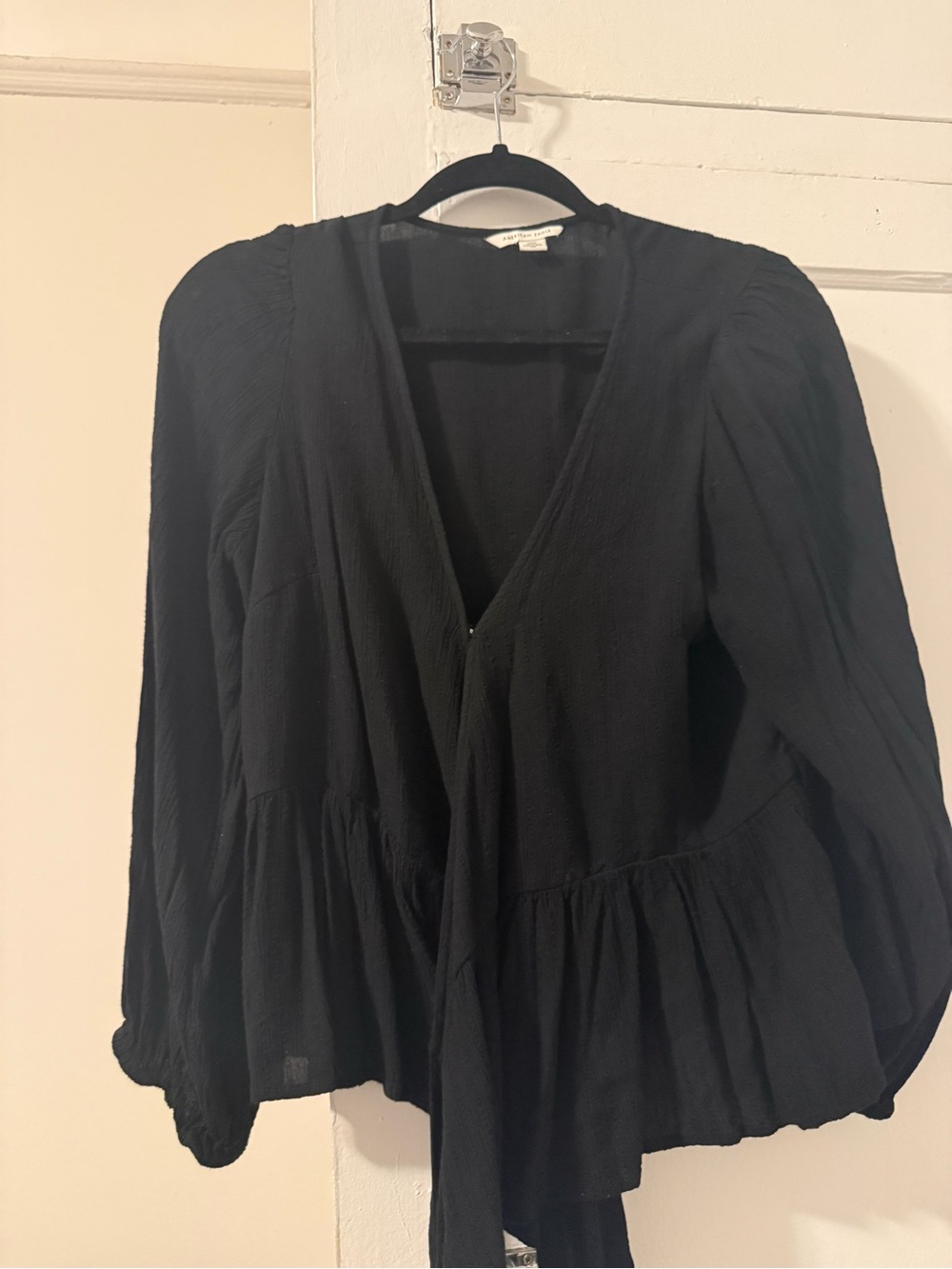 Black V-Neck Ruffle Wraparound Peplum Blouse AEO